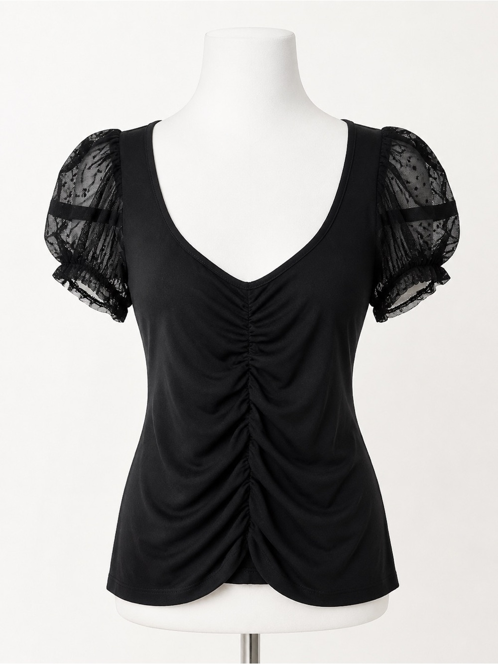 Free People Black Ruched V-Neck Tee with Sheer Puff Lace Sleeves